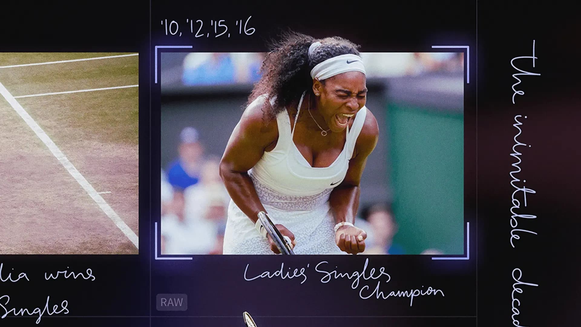 photo of serena williams after a match surrounded by a retro annotations 