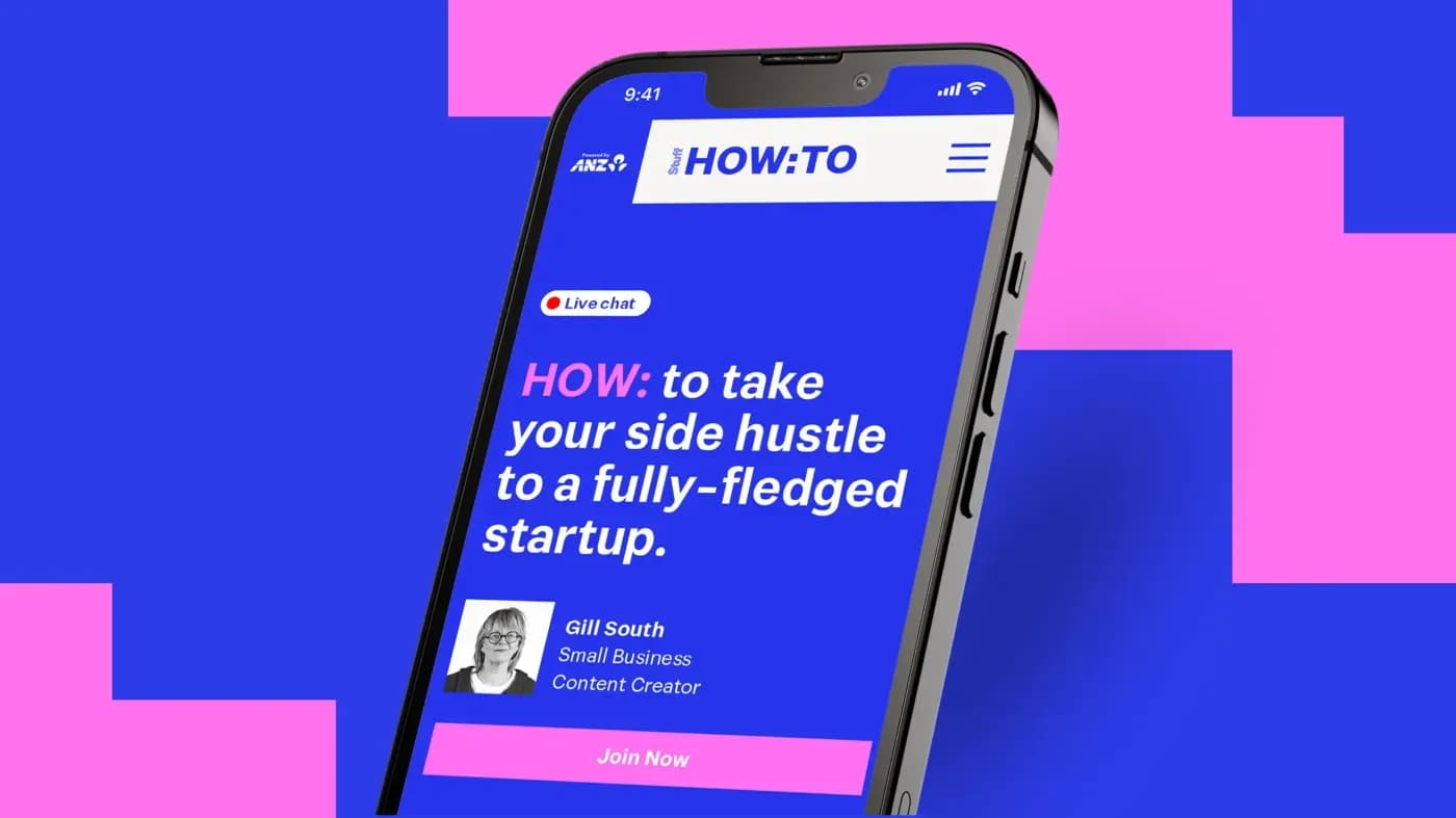 image of a how to article on a phone behind the brands pink and blue colour
