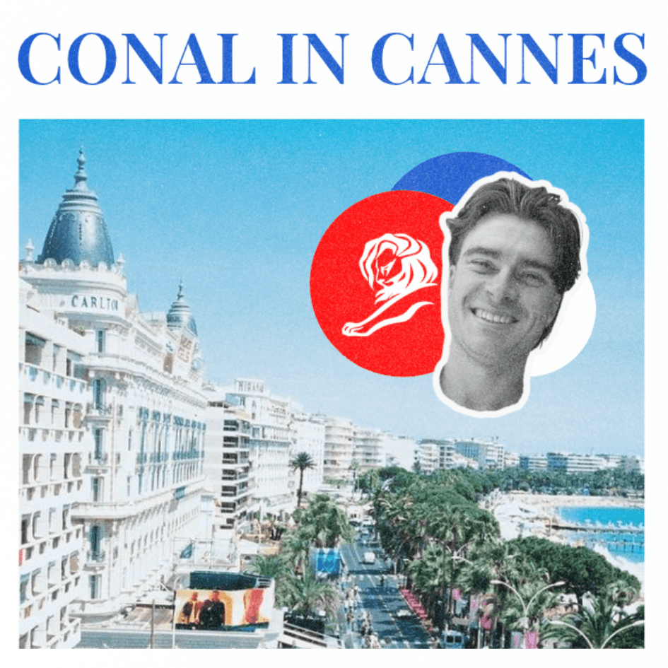 a vintage photo of cannes with our art director conals head on top