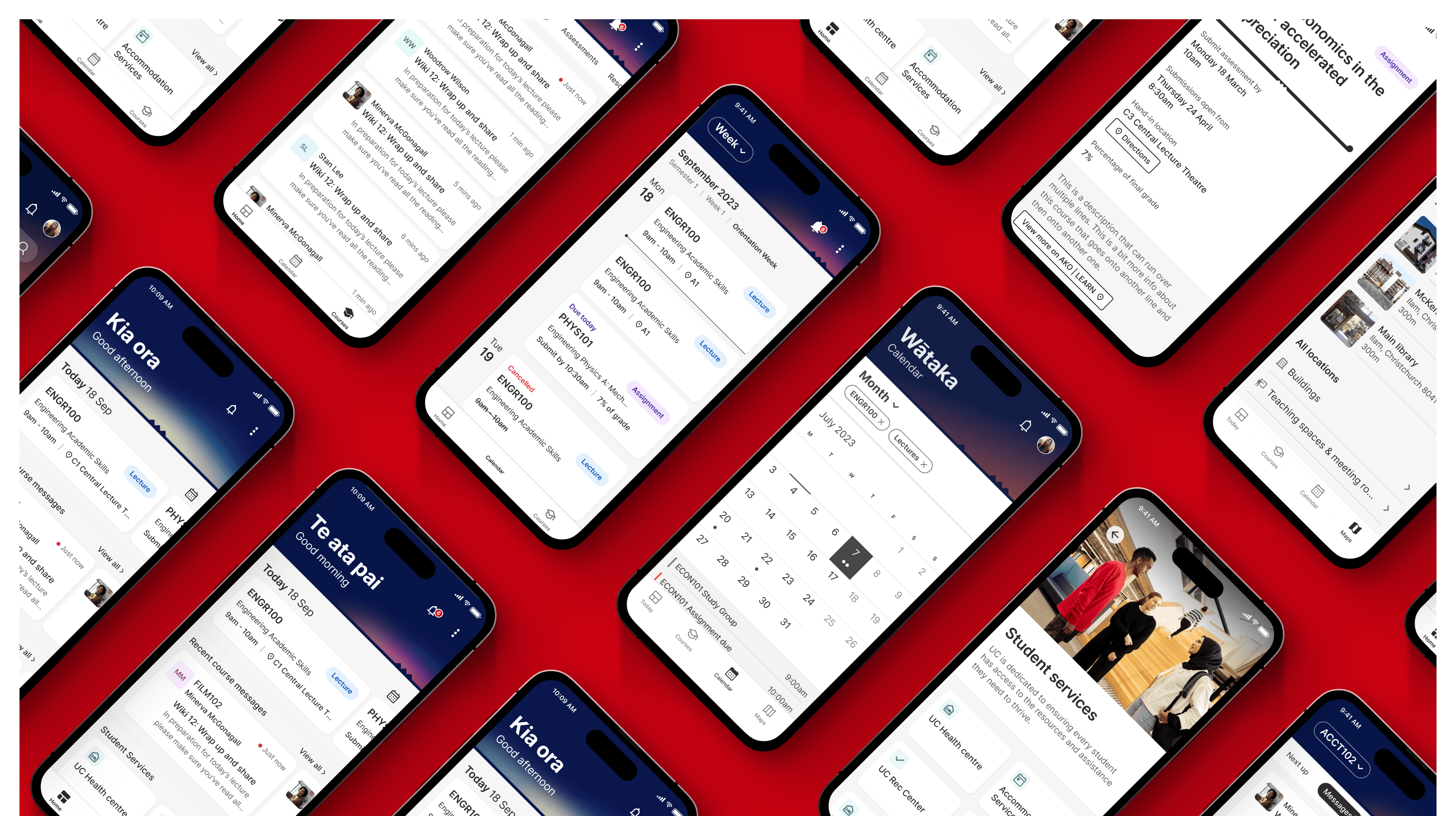 A flat lay of multiple phones showing various pages from The University of Canterbury app 