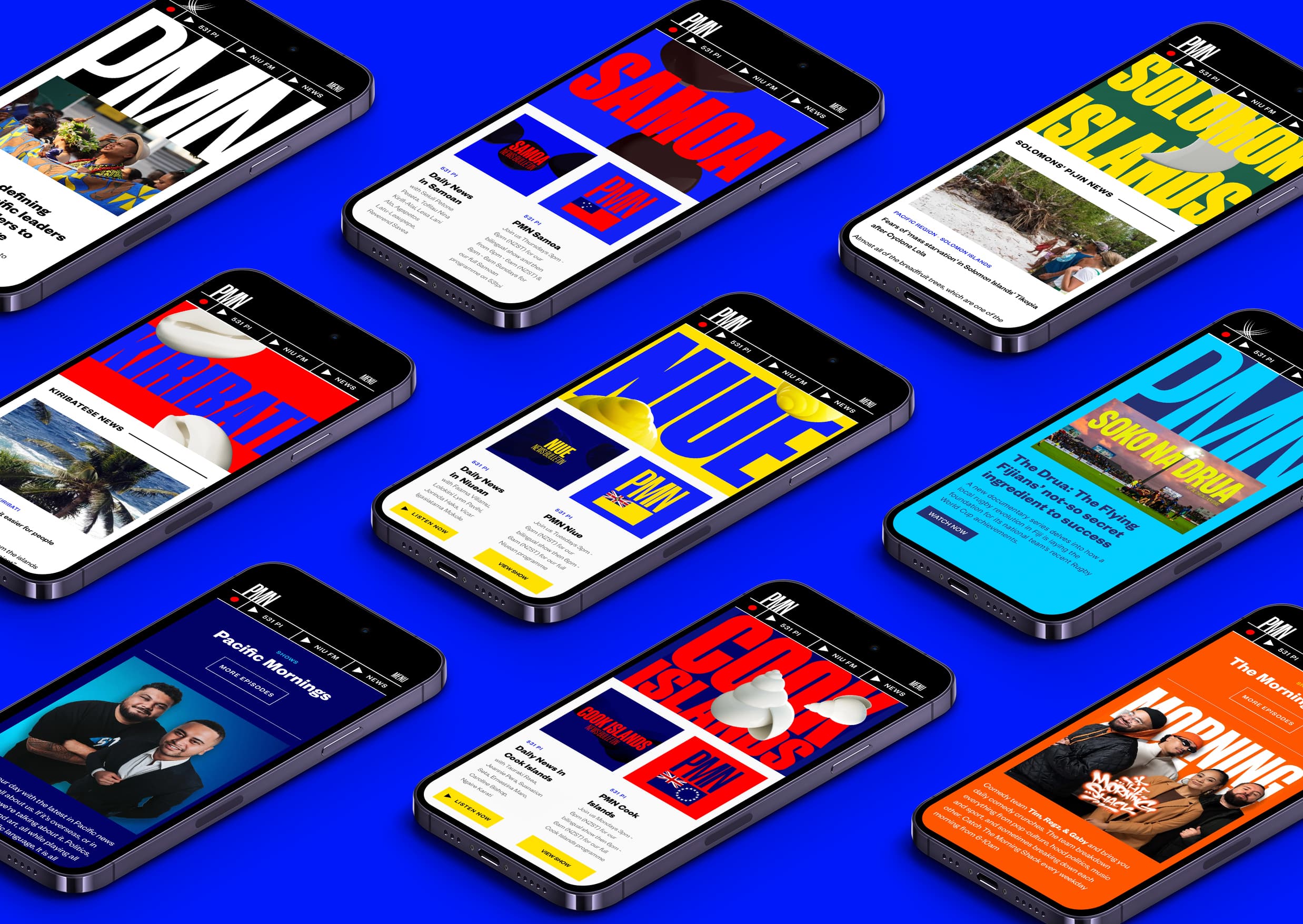 Pacific Media Network website in multiple phone screens on a blue background