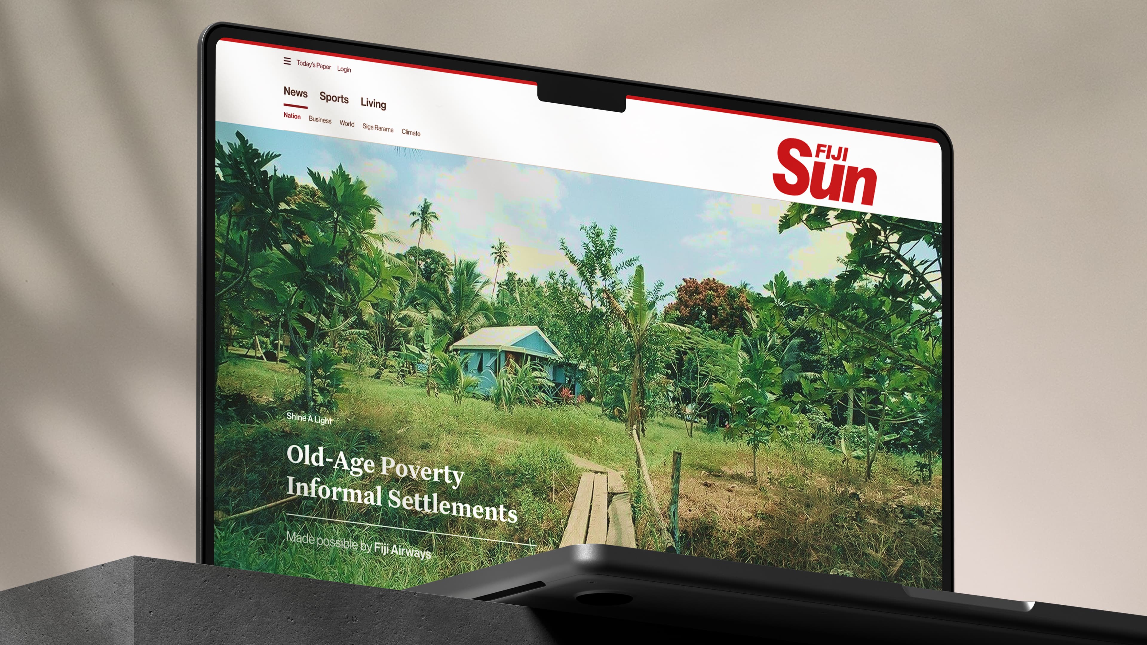 The Fiji Sun Homepage on a laptop screen 