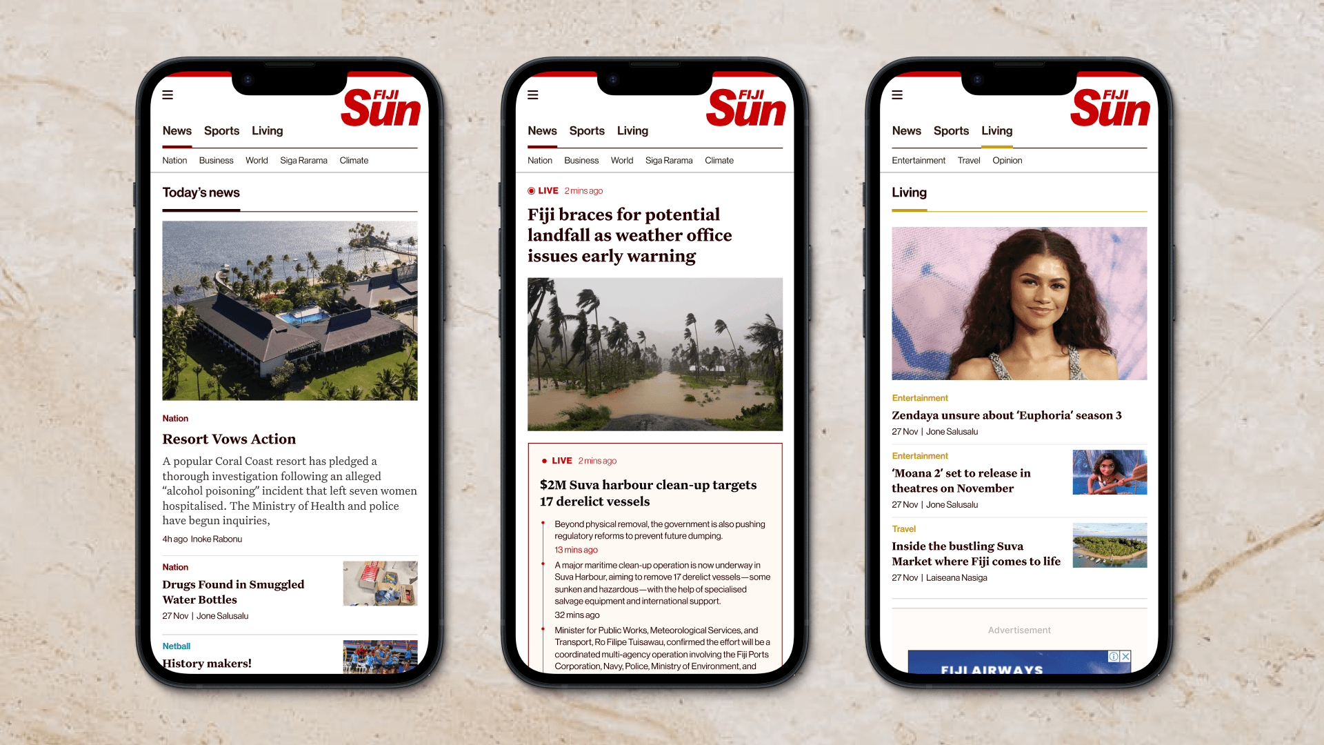 3 phones with different pages of the fiji sun site on each phone 