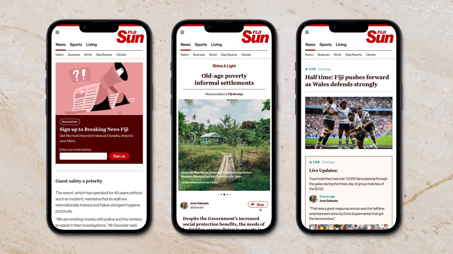 Three phones with The Fiji Sun website in them