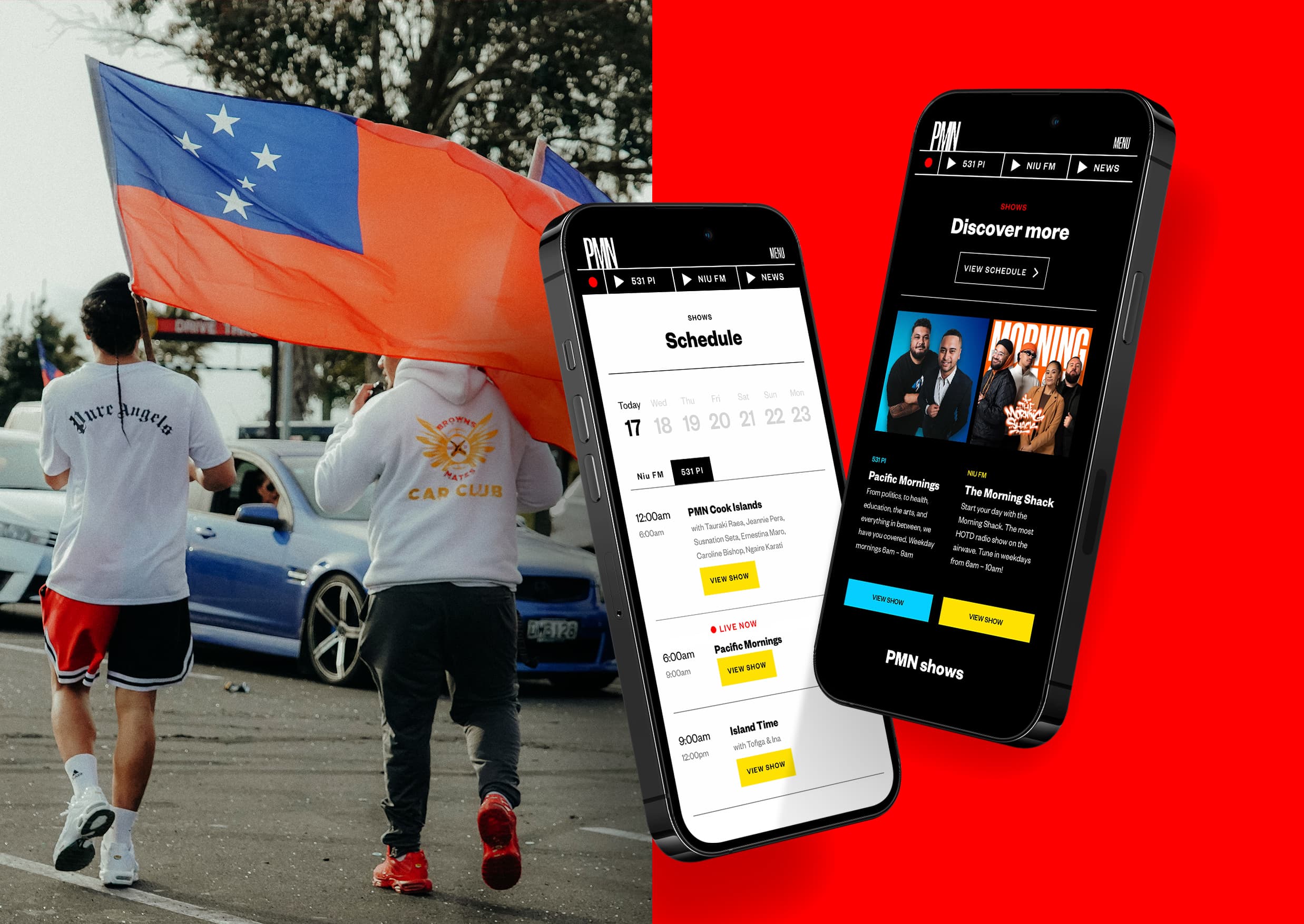 Phones with PMN site inside them on red background